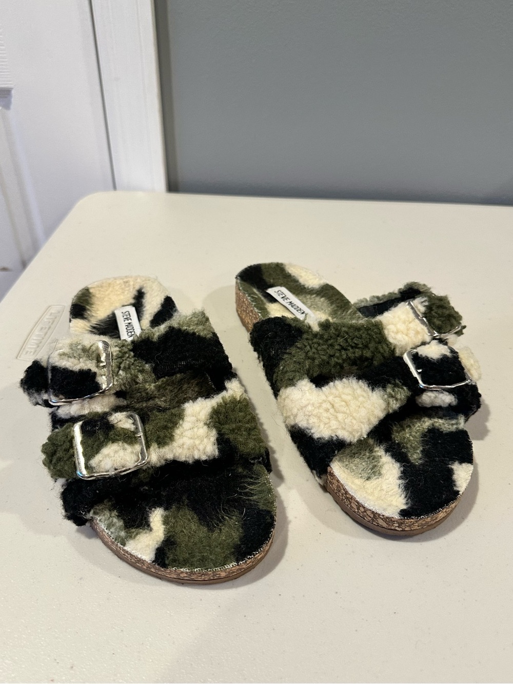 Steve Madden Closer Camouflage Shearling Buckle Chunky Slide Sandals
